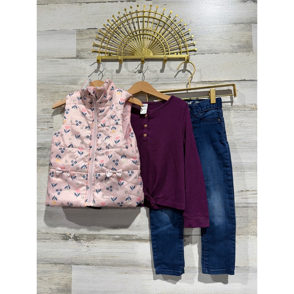 OshKosh Cat & Jack Just Lizzie Girls 4 Pink Purple Floral‎ Vest Shirt Jeans EUC